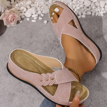 Crossed Studded Stitched Wedged Sandals