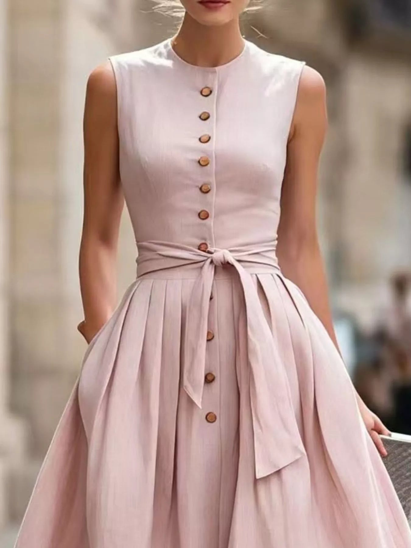 Round Neck Sleeveless Button-Front Belted Midi Dress