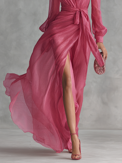 Cuffed Long Sleeve Plunging Neckline Floor Length Dress