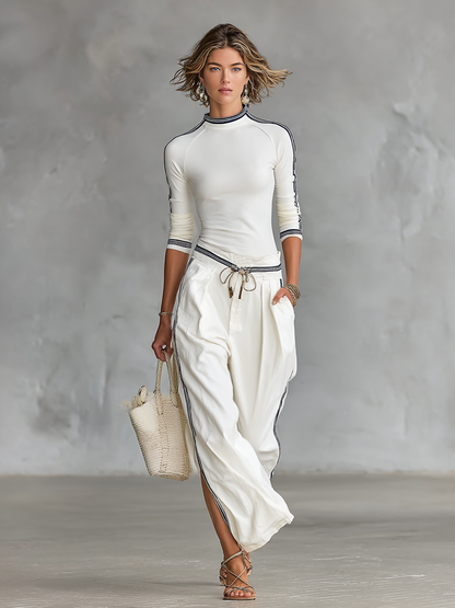 Mock Neck Raglan Sleeve Top Striped Fitted Trouser Set