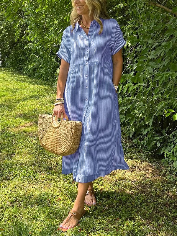 Striped Collared Buttoned Short Sleeved Dress