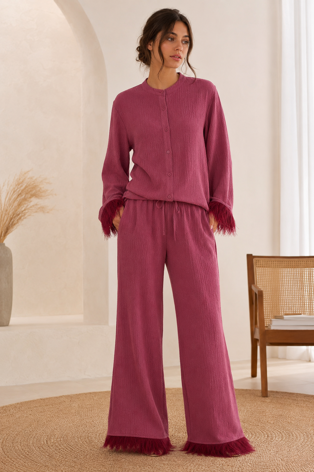 Collared Button Front Feather Cuff Loungewear Set For Women