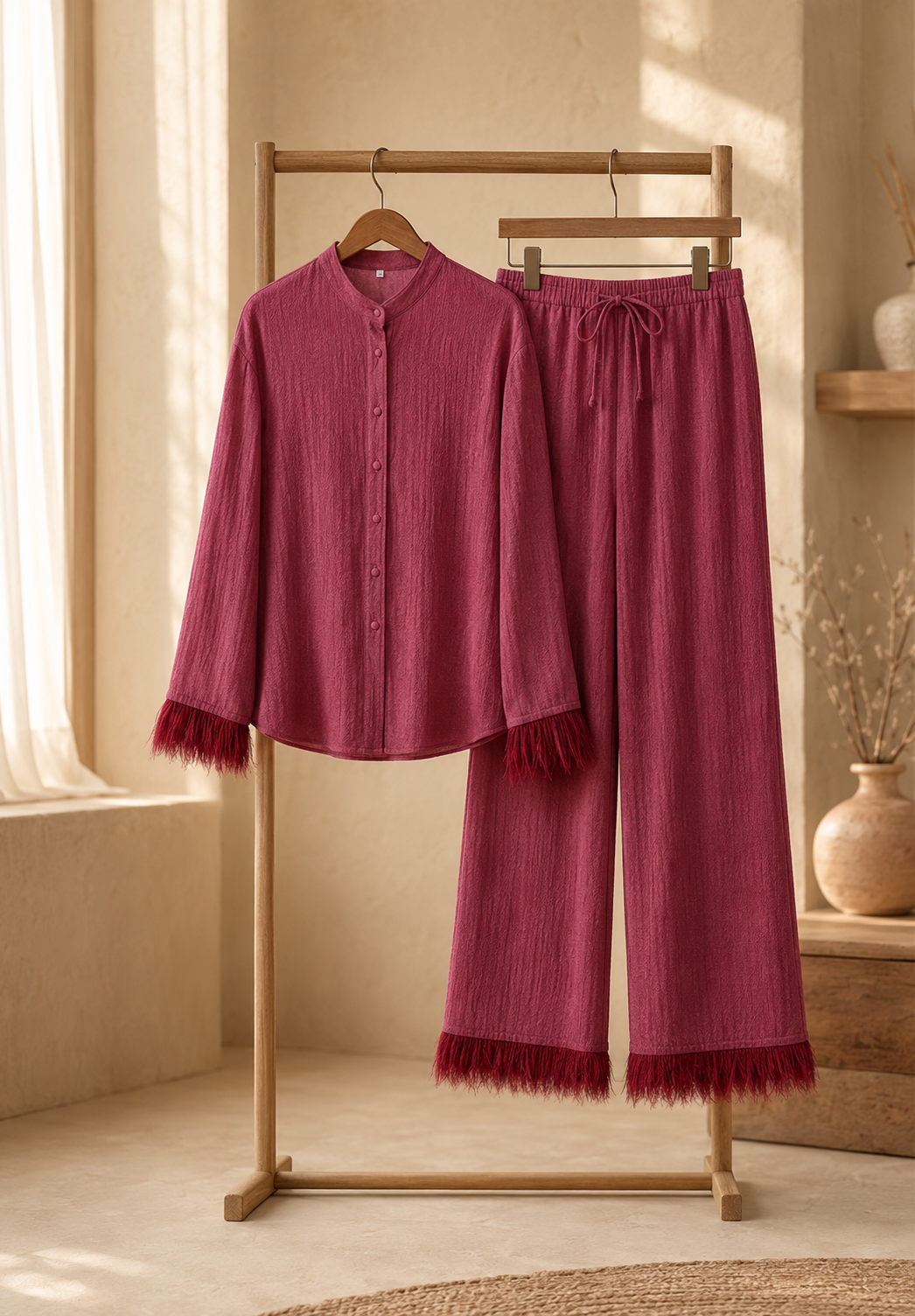 Collared Button Front Feather Cuff Loungewear Set For Women