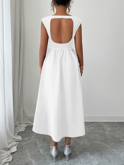 Boat Neck Sleeveless Pleated A-Line Backless Midi Dress with Pockets