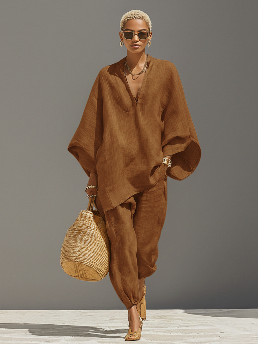 Loose Oversized Notched Wide Tapered Gathered Set