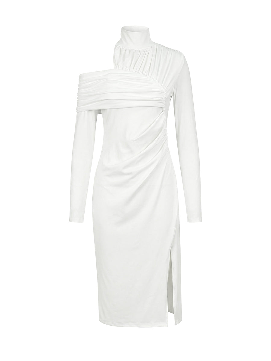 Asymmetrical Ruched High Neck Slit Maxi Fitted Dress
