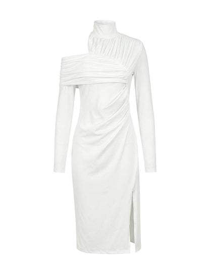 Asymmetrical Ruched High Neck Slit Maxi Fitted Dress