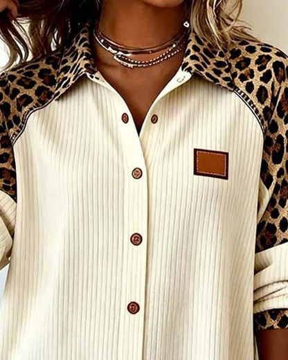 Women's Point Collar Long Sleeve Leopard Print Relaxed Fit Shirt