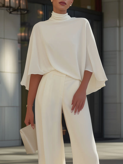 Cape Sleeve High Neck Blouse & Slit Wide Leg Trousers Set