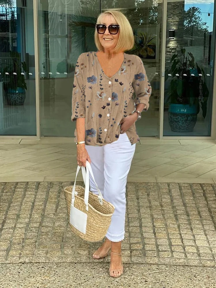 V Neck Floral Patterned Quarter Sleeve Blouse