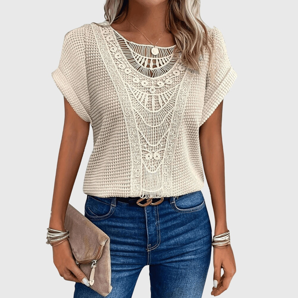 Textured Perforated Geometric Rolled Sleeved Relaxed Top