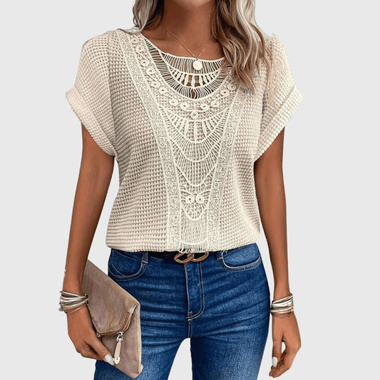 Textured Perforated Geometric Rolled Sleeved Relaxed Top
