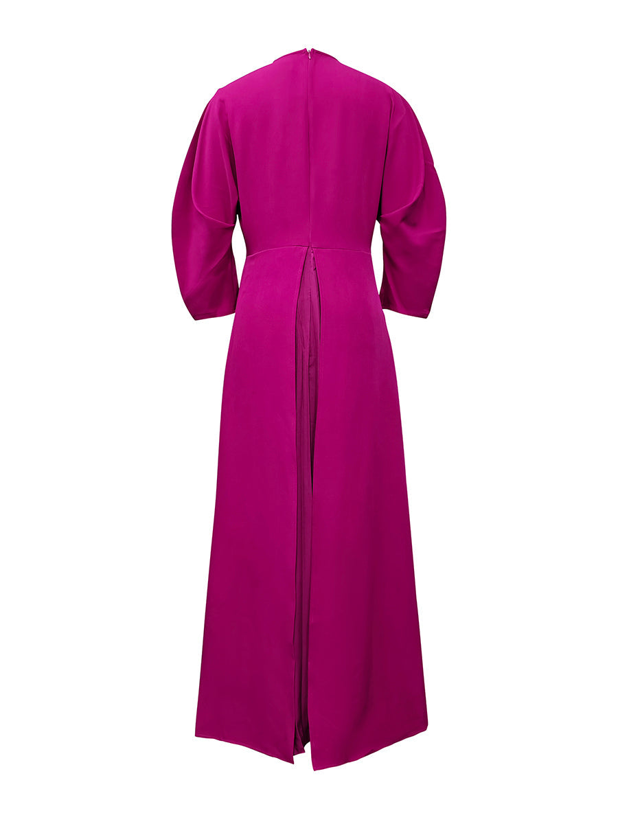 Long Sleeves Loose Pleated Tiered Round-Neck Maxi Dress