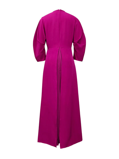 Long Sleeves Loose Pleated Tiered Round-Neck Maxi Dress