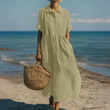 Collared Buttoned Pleated Gathered Loose Maxi Dress