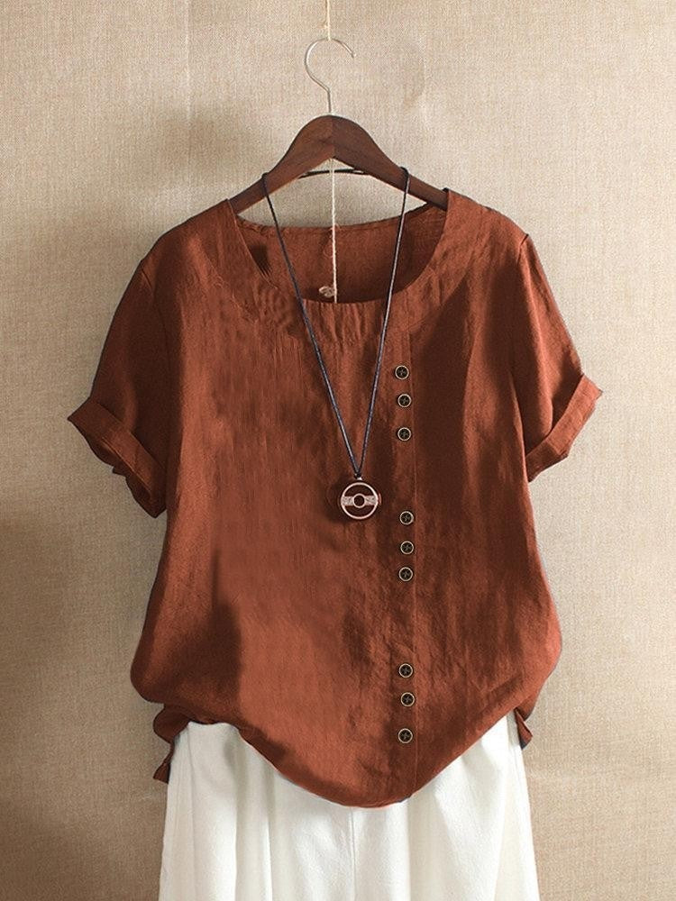 Rolled Placketed Rounded Loose Dropped Textured Blouse