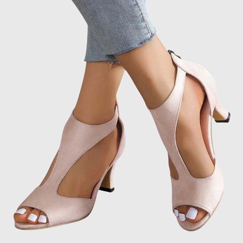 Open Toe Cut Out Back Zip Kitten Heels