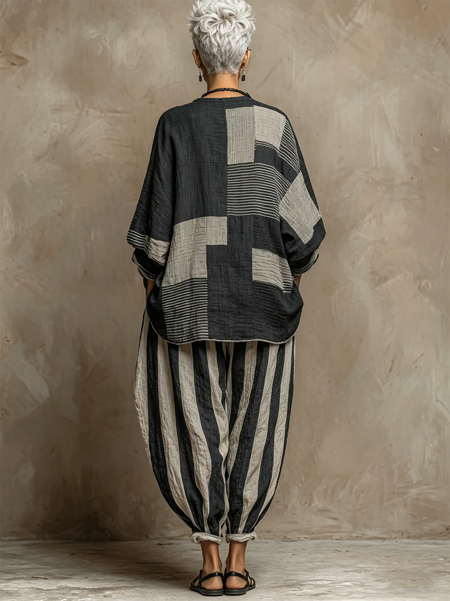Women's Round Neck Long Sleeve Colour-Block Top and Striped Trouser Set