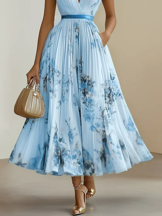 Deep V Neck Pleated Printed Dress