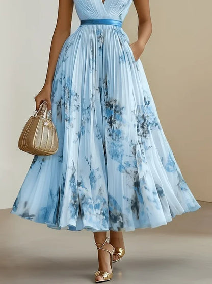 Deep V Neck Pleated Printed Dress
