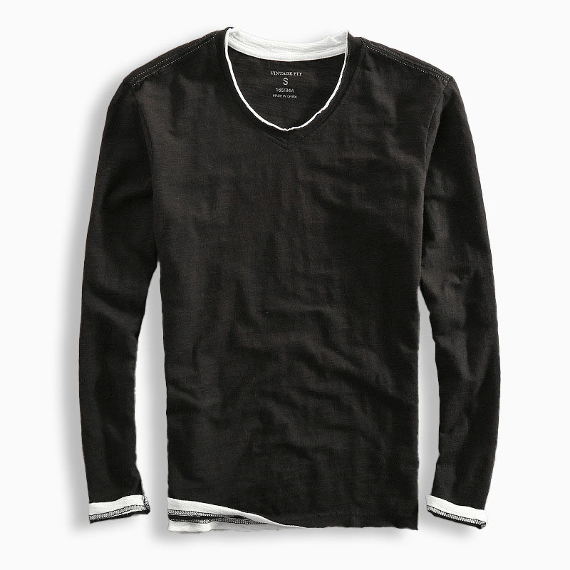 Long Sleeved V Neck Slubbed Standard Sleeve Shirt