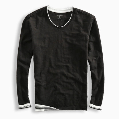Long Sleeved V Neck Slubbed Standard Sleeve Shirt
