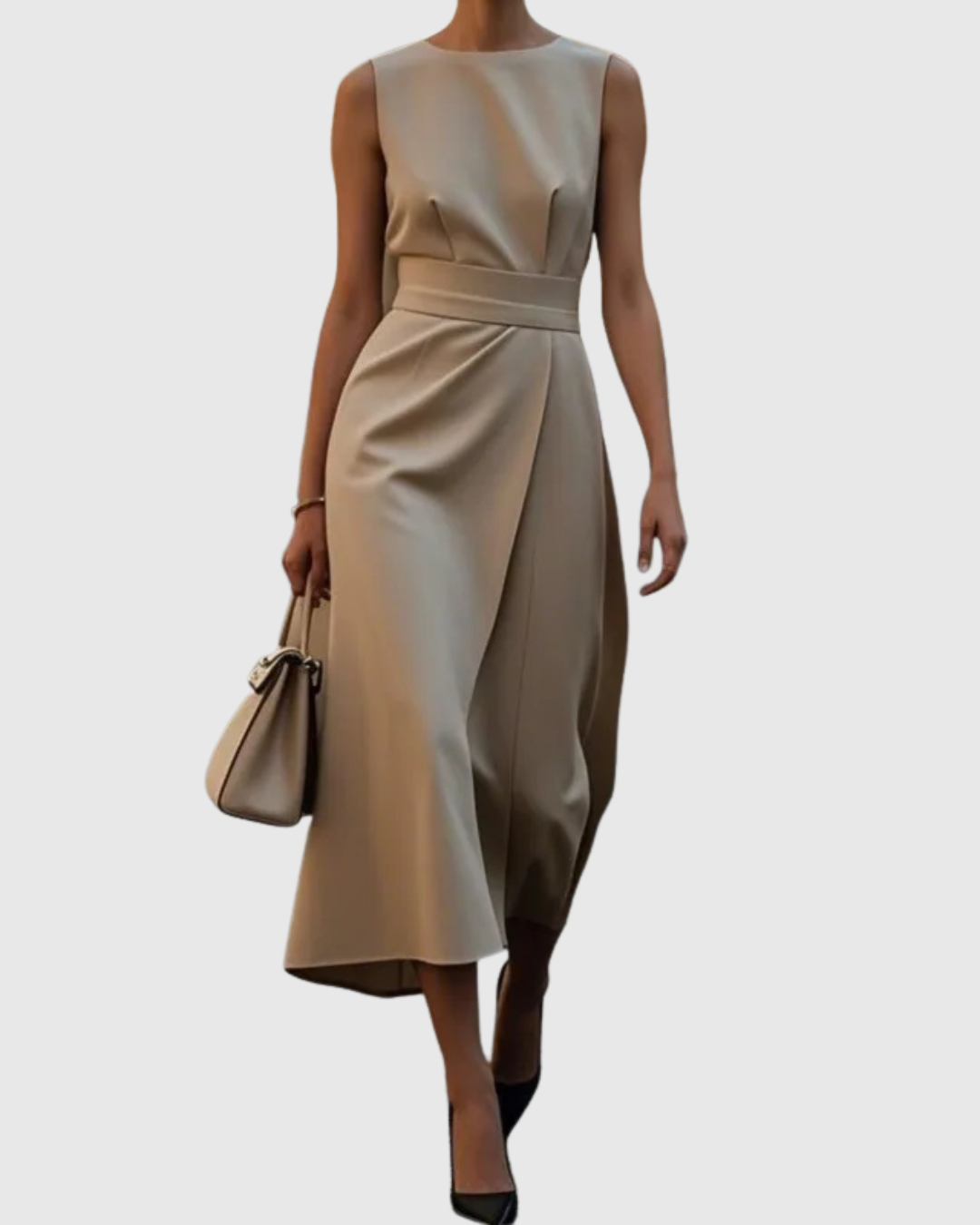 Plain Fitted Sleeveless Cinched Overlaid Flared Dress
