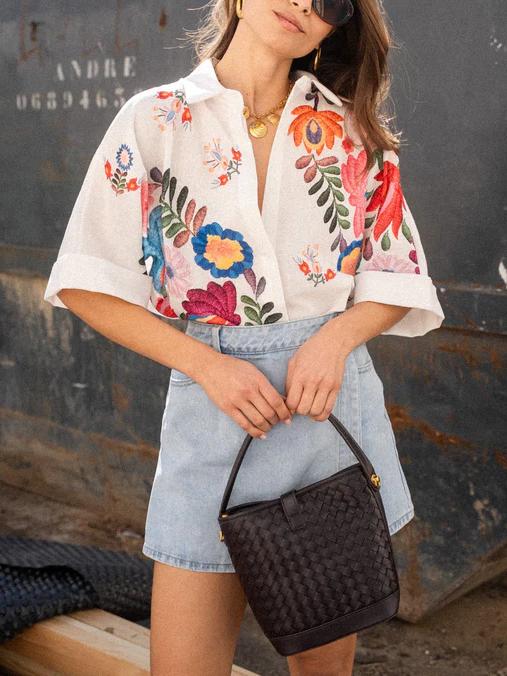 Button Front Collared Printed Blouse
