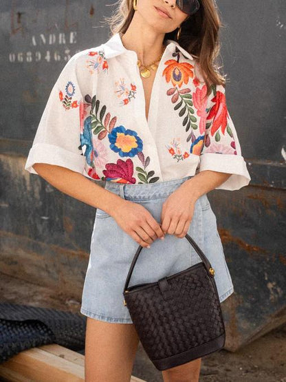Button Front Collared Printed Blouse