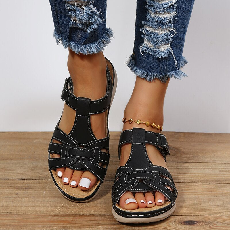 Contrast Stitched Strappy Wedge Platform Sandals