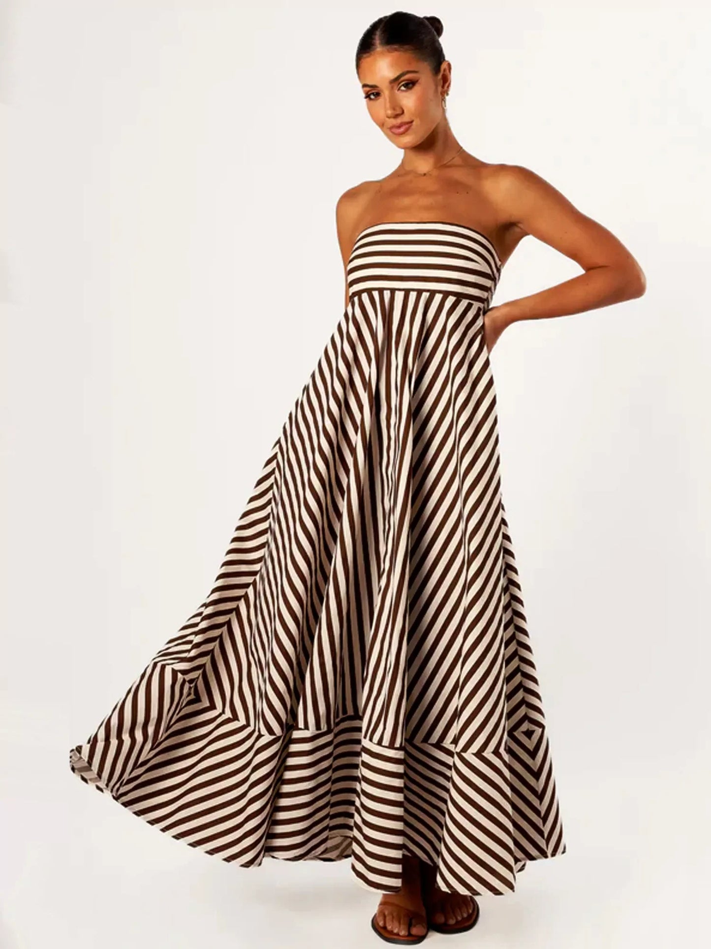 Strapless Diagonal Striped Flare Maxi Dress