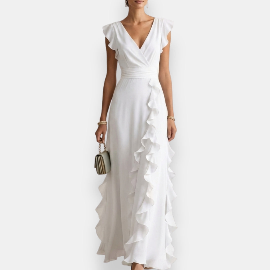 V Flutter Ruched Ruffled Maxi Dress
