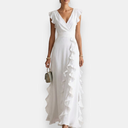V Flutter Ruched Ruffled Maxi Dress