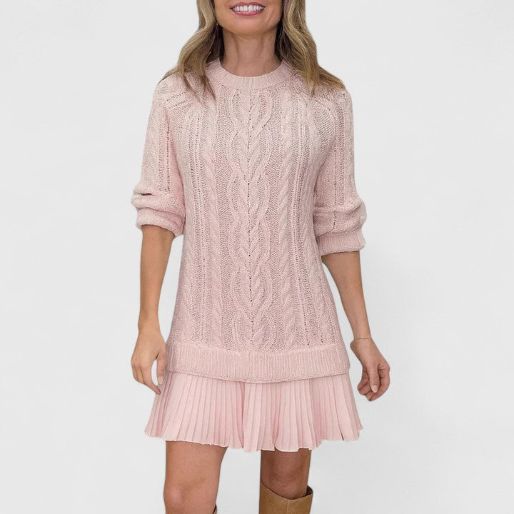Crew Neck Long Sleeve Cable Knit Mini Sweater Dress