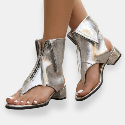 Zippered Open Low High Flared Cutout Sandals