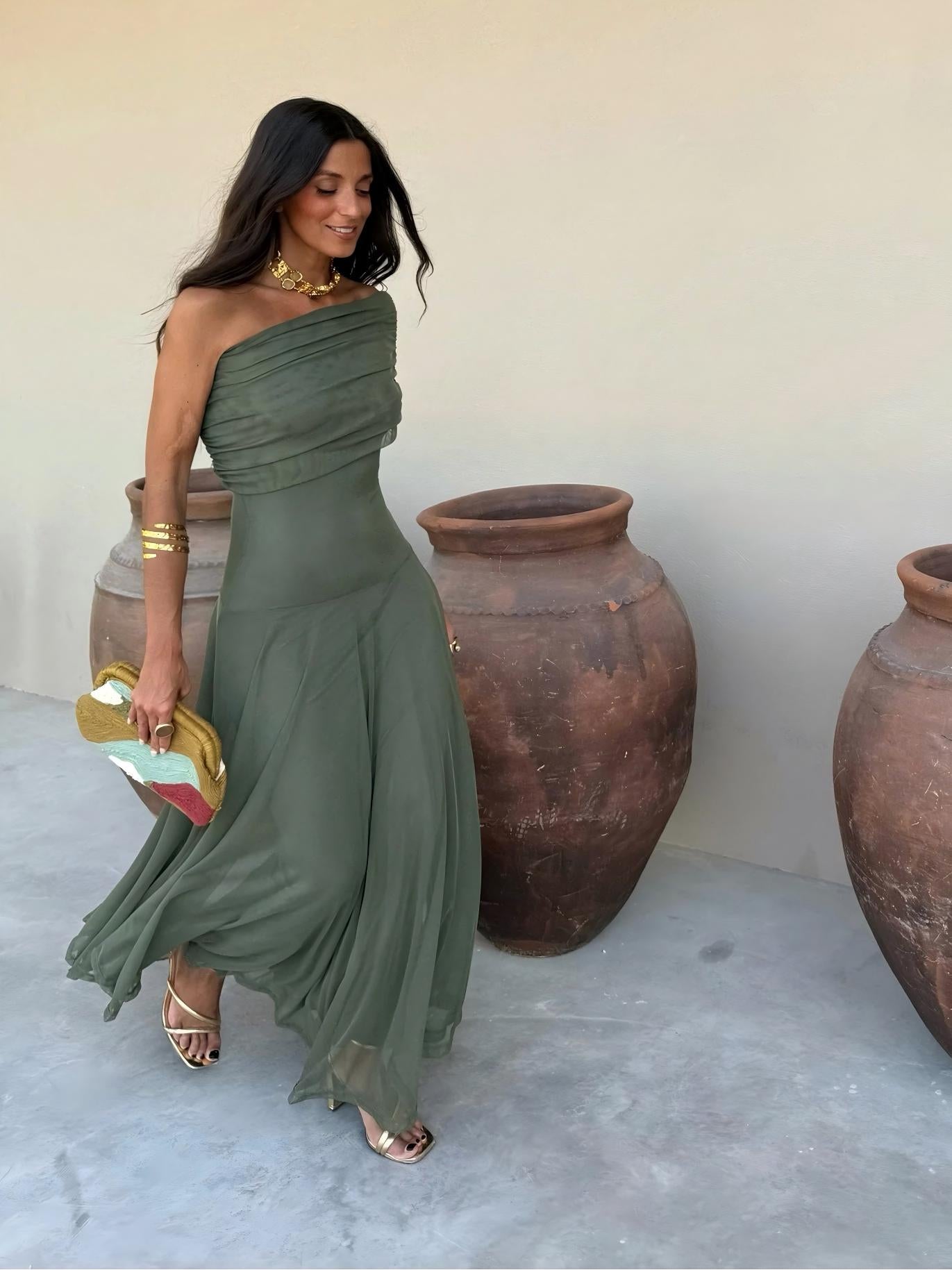 Off Shoulder Ruched Foldover Maxi Dress