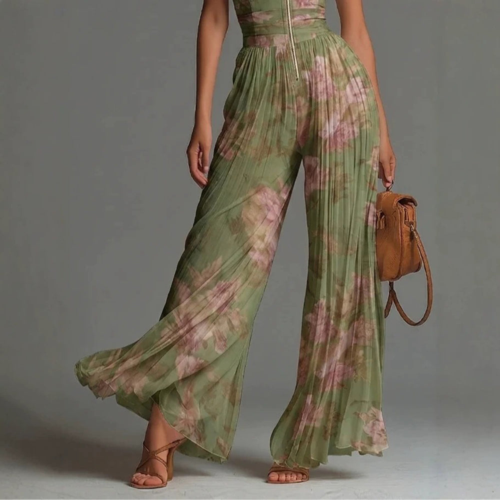 Pleated Sleeveless Mock Neck Zipper Wide Leg Jumpsuit