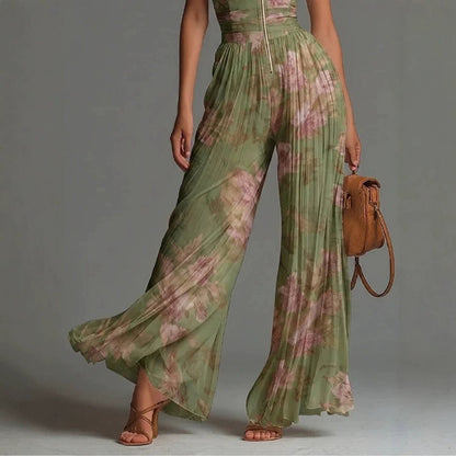 Pleated Sleeveless Mock Neck Zipper Wide Leg Jumpsuit