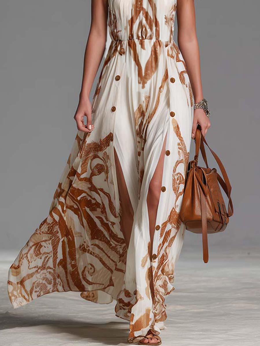 Halter Printed Sleeveless Buttoned Gathered Maxi Dress