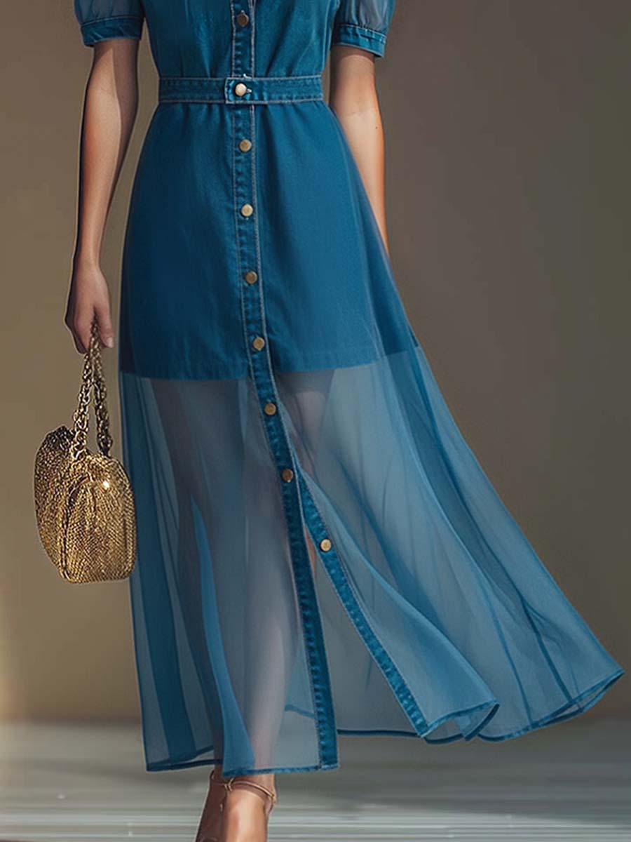 Collared Belted Buttoned Flared Maxi Dress