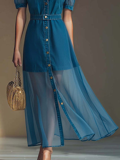 Collared Belted Buttoned Flared Maxi Dress