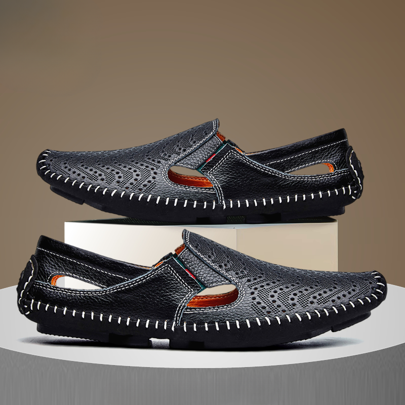 Perforated Stitched Cutout Textured Flat Closed Sandals