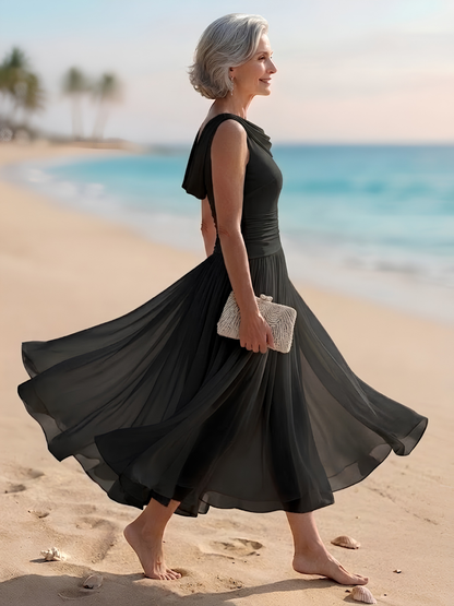 Draped Neck Sleeveless Pleated A-Line Wedding Guest Midi Dress