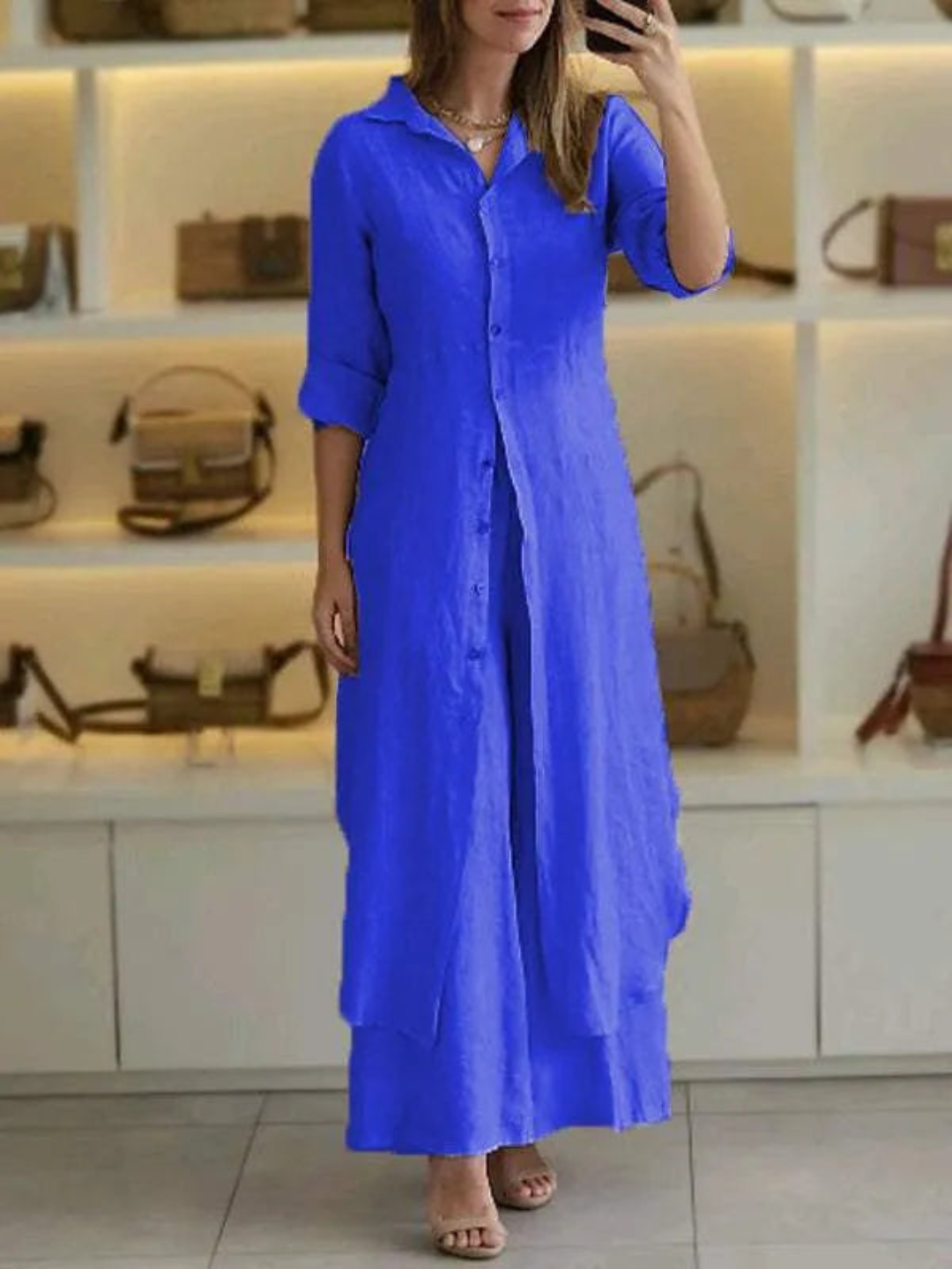 Women's Collared Long Sleeve Button-Front Maxi Shirt Dress Set