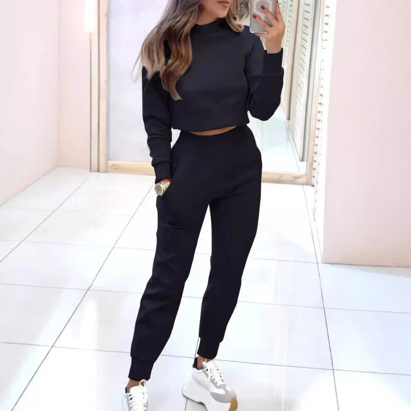 Crew Neck Long Sleeve Cropped Cardigan Sweater Set For Women