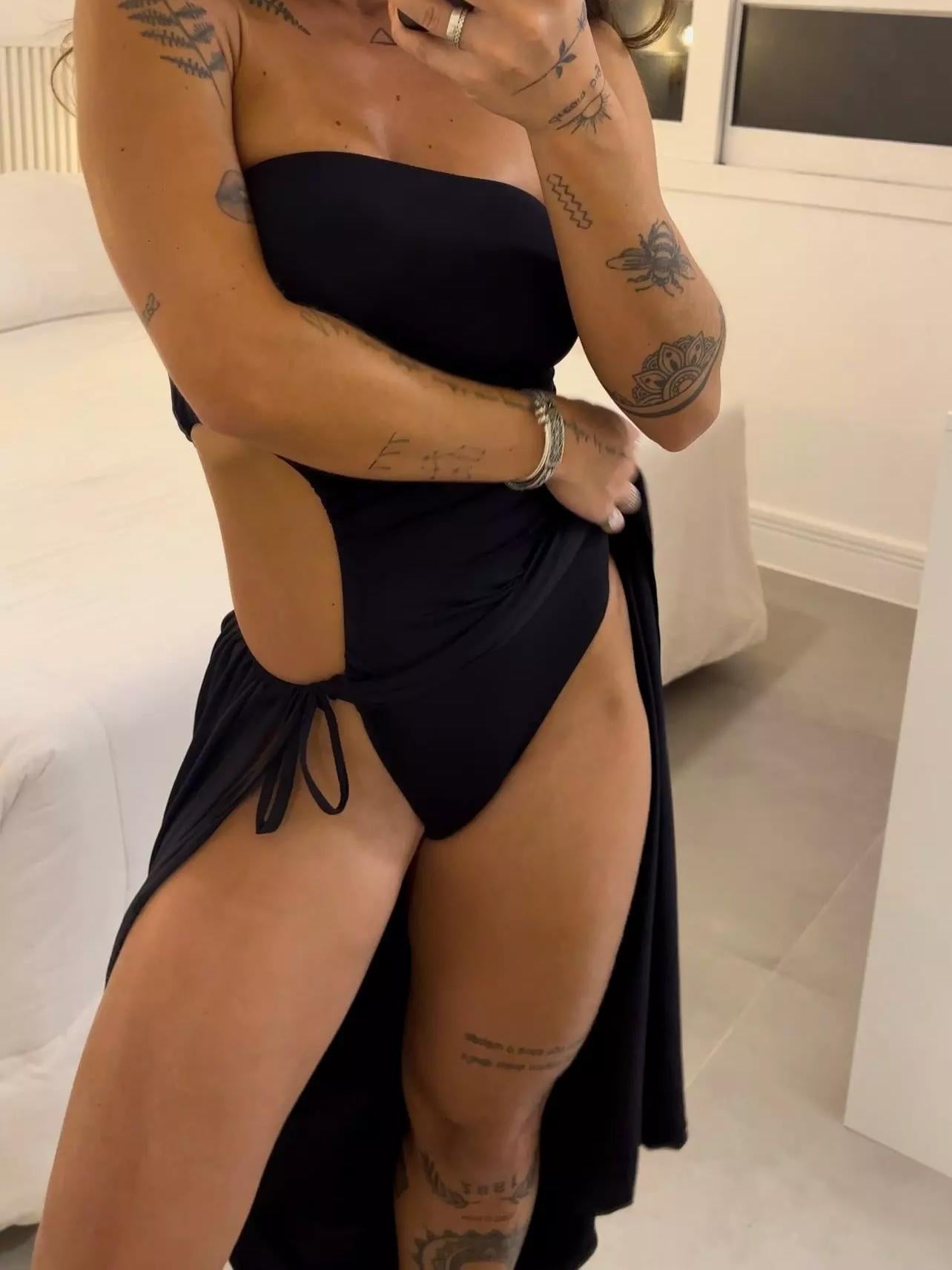 Strapless Cutout Ruched High Slit Dress