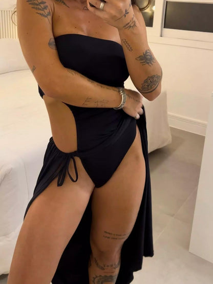 Strapless Cutout Ruched High Slit Dress