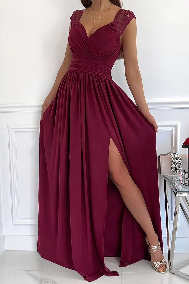 Ruched Surplice Slit Cap Maxi Gathered Dress