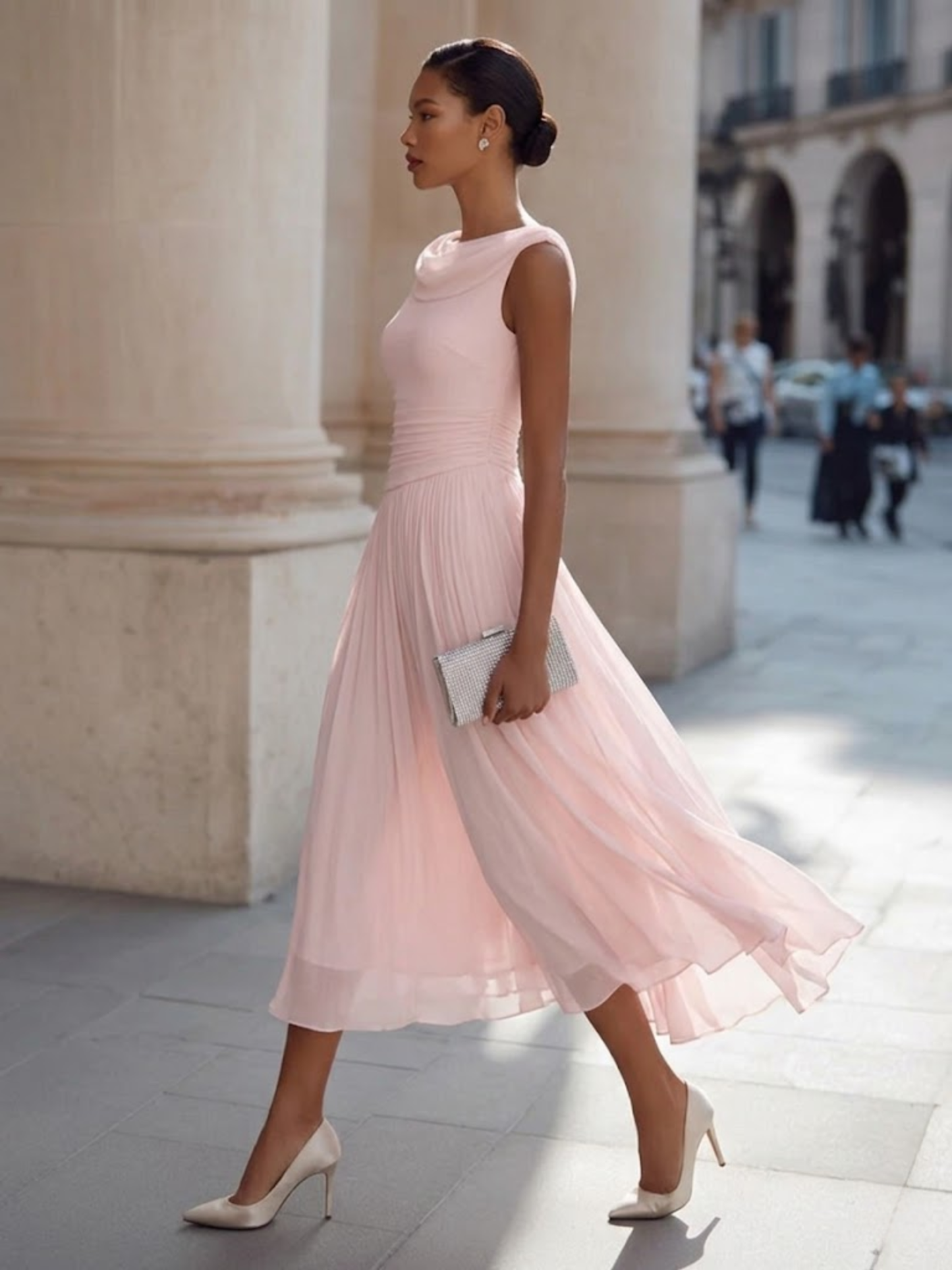 Draped Neck Sleeveless Pleated Midi Dress