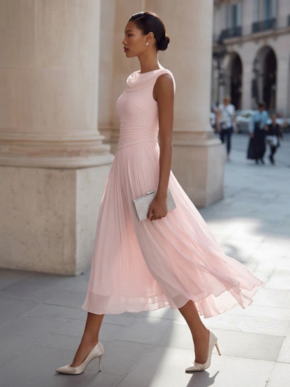 Draped Neck Sleeveless Pleated Midi Dress